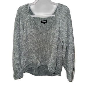Express Chenille Knit V-Neck Sweater Sage Green Gray Large Oversized Cozy